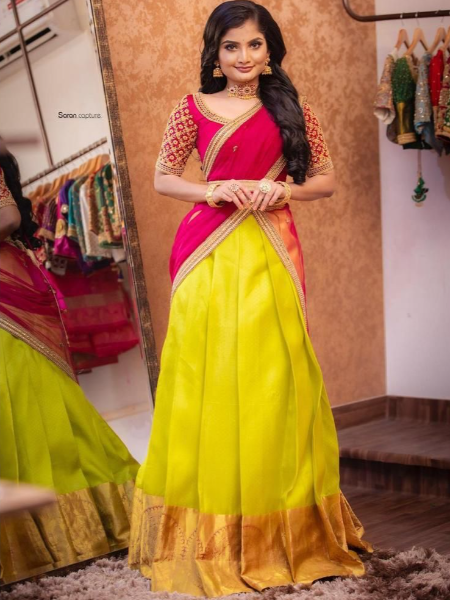 Yellow Color Haldi Lehenga Choli in Kanjivaram Silk With Blouse and Dupatta  South Indian Wedding Half Saree Lehenga - Klothtrend