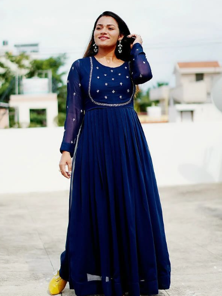 Navy Blue Traditional Georgette Anarkali Dress with Embroidery Work -  Klothtrend